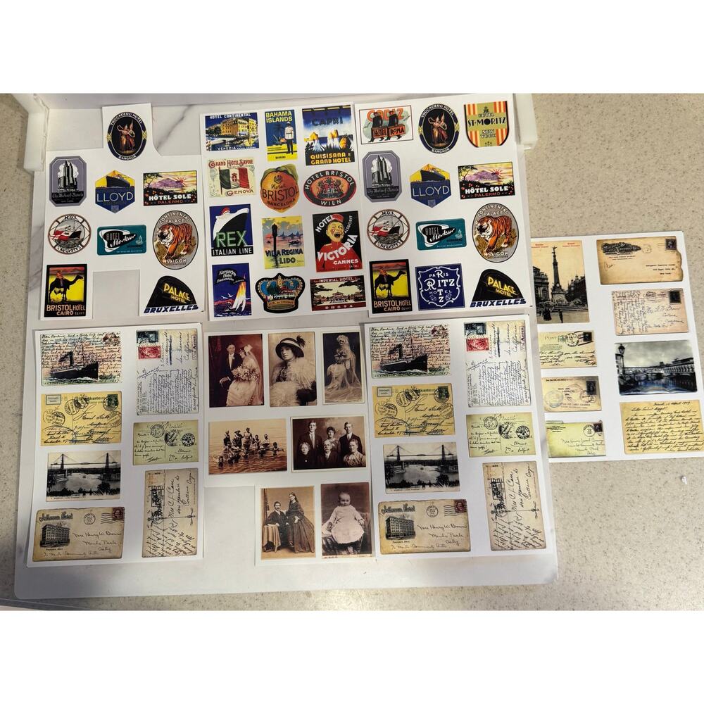 Printed vintage luggage tags stickers and old postcards and portraits - 61 stick